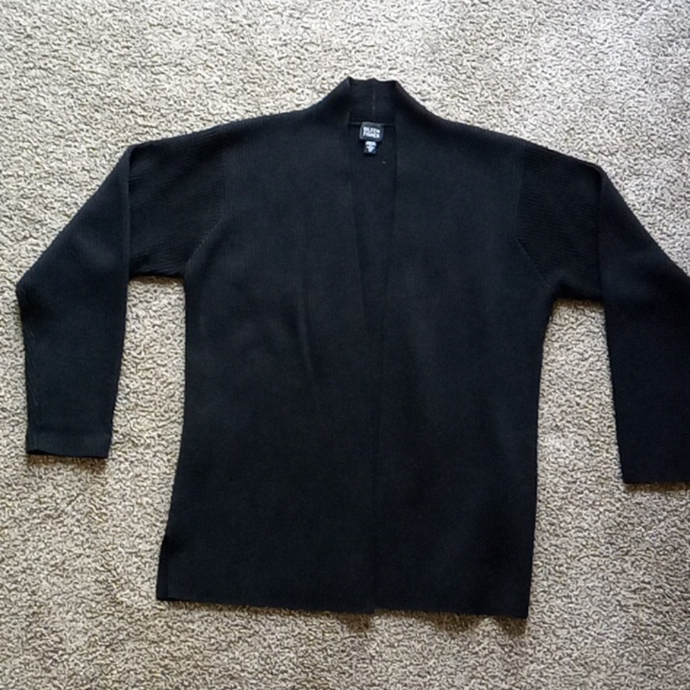 Eileen Fisher Black Textured Wool Open Front Cardigan
